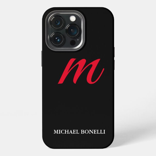 Black modern red monogram professional iphone case (Back)