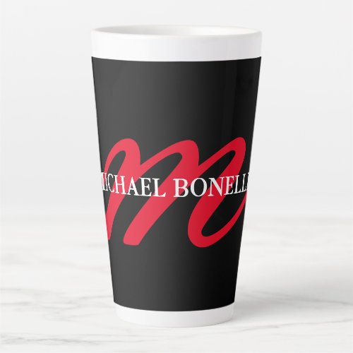 Black modern red monogram professional latte mug