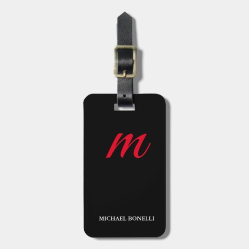 Black modern red monogram professional luggage tag