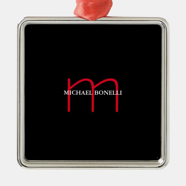 Black modern red monogram professional metal ornament (Front)