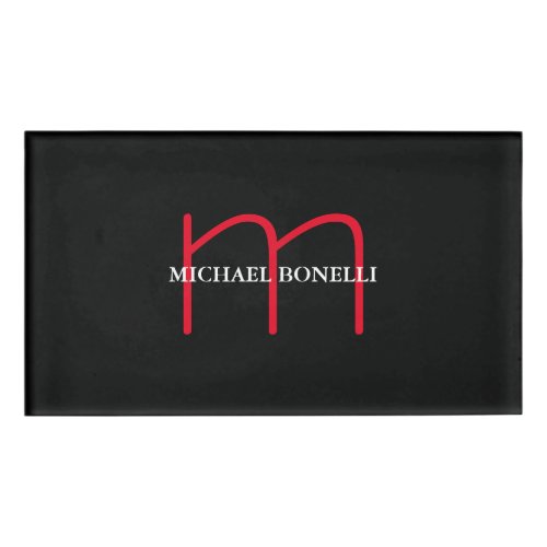 Black modern red monogram professional name tag