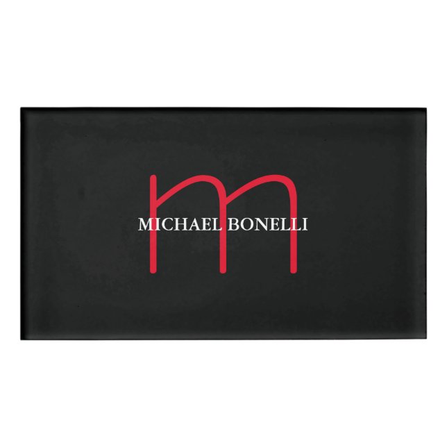 Black modern red monogram professional name tag (Front)