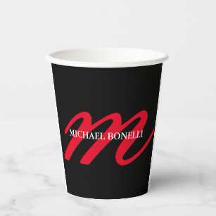 Black modern red monogram professional paper cups