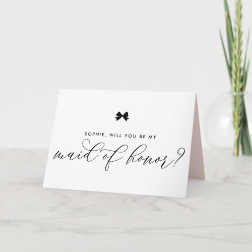 Black Modern Ribbon Bow Be My Maid of Honor Card