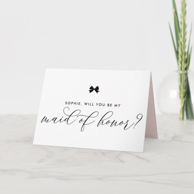 Black Modern Ribbon Bow Be My Maid of Honor Card (Front)