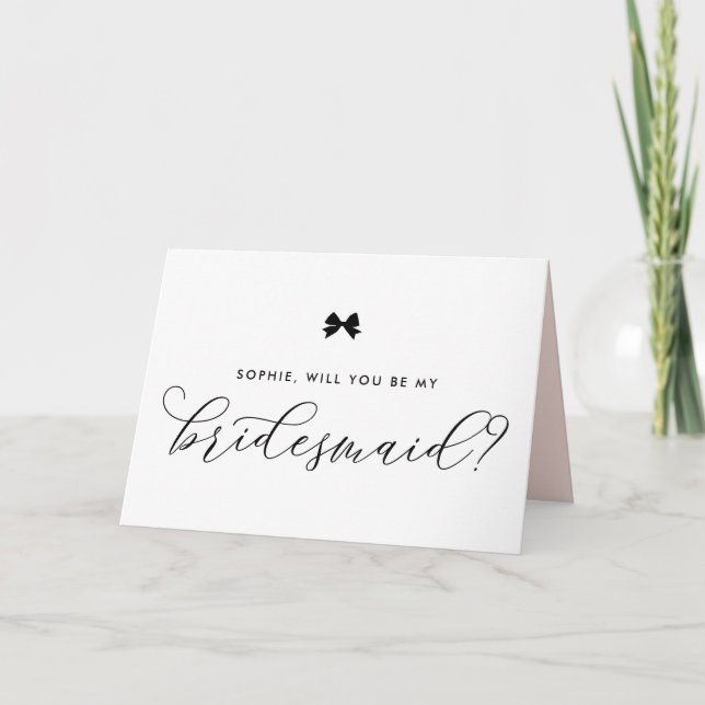 Black Modern Ribbon Bow Will You Be My Bridesmaid Card (Front)