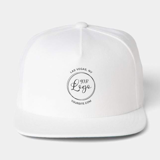 Black Modern Round Logo Curved Text Snap Back Hat (Front)