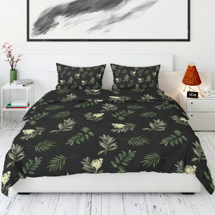 Black Modern Rustic Elegant Botanical Greenery Duvet Cover