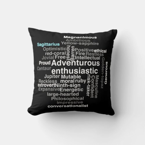 Black modern Sagittarius traits tag word cloud art Throw Pillow