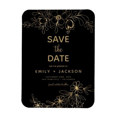 Black Modern Save the Date Floral Gold Foil Magnet