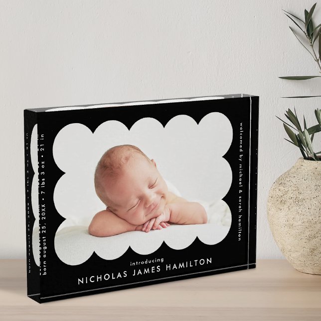 Black Modern Scalloped Birth Announcement Photo Block (Creator Uploaded)
