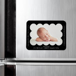 Black Modern Scalloped Frame Birth Announcement Magnet<br><div class="desc">Modern birth announcement magnet featuring your baby's photo nestled inside of a black scalloped frame. Personalize the black birth announcement magnet by adding your baby's name and additional information in white lettering.</div>