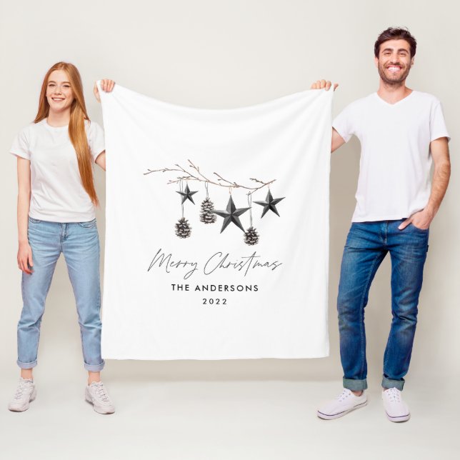 Black modern scandi elegant script Christmas Fleece Blanket (In Situ)