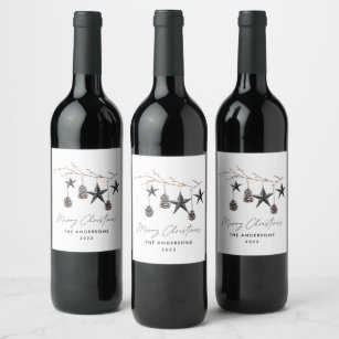 Black modern scandi elegant script Christmas Holid Wine Label