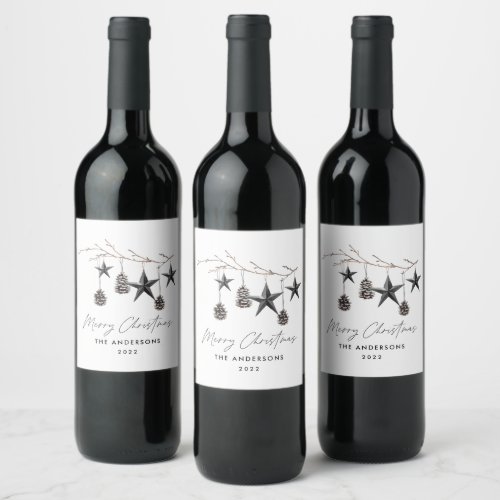 Black modern scandi elegant script Christmas Holid Wine Label