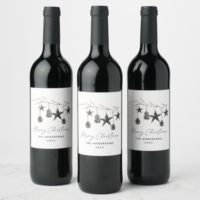 Black modern scandi elegant script Christmas Holid Wine Label (Bottles)
