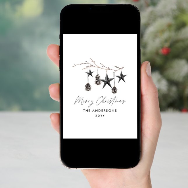 Black modern scandi elegant script Christmas Holiday Card (Front Digital)