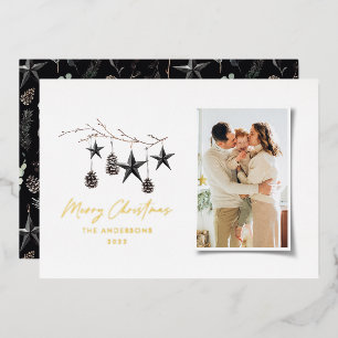 black modern scandi elegant script Christmas photo Foil Holiday Card