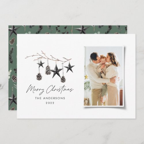 Black modern scandi elegant script Christmas photo Holiday Card