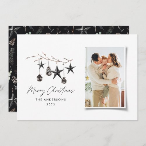 Black modern scandi elegant script Christmas photo Holiday Card