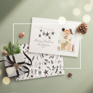 Black modern scandi elegant script Christmas photo Holiday Card