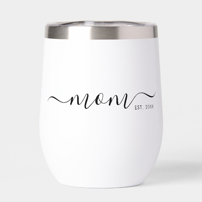 Black Modern Script Established Mom Thermal Wine Tumbler (Back)