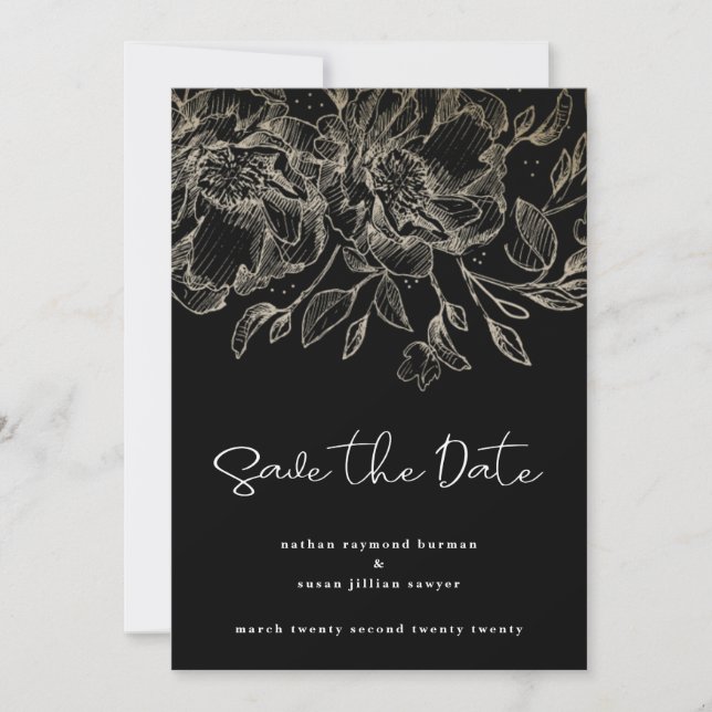 black modern script gold florals save the date (Front)