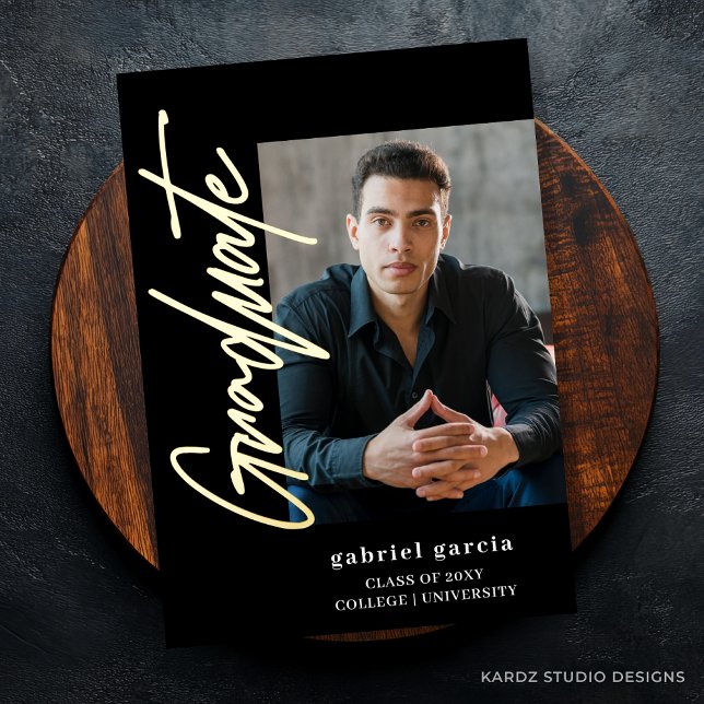 Black Modern Script Graduation Party Invitation Foil Invitation (The front side of the announcement shown in a 5x7 in. with Gold Foil on script letters.)