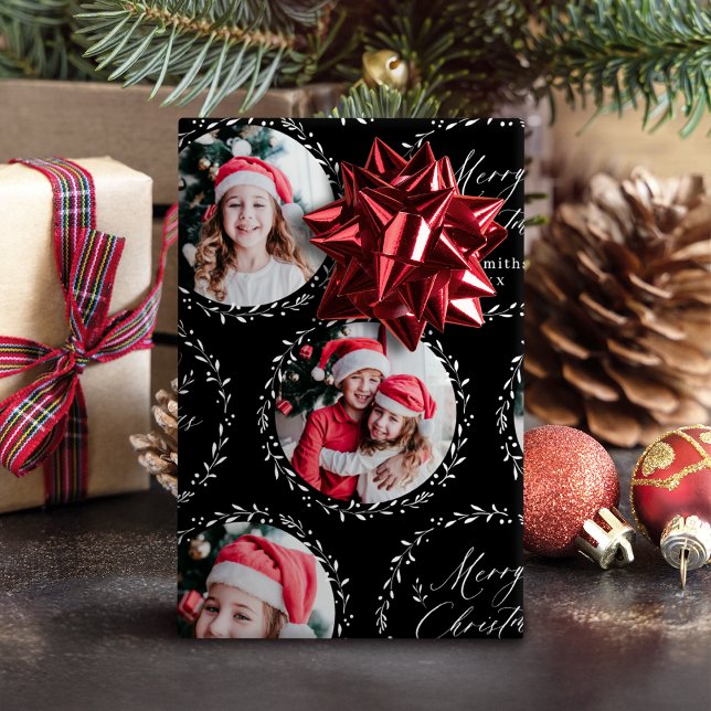 Black Modern Script Merry Christmas Family 6 photo Wrapping Paper (Black Modern Script Merry Christmas Family 6 photo Wrapping Paper)