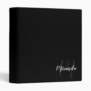 Black Modern Script Monogram and Name 3 Ring Binder