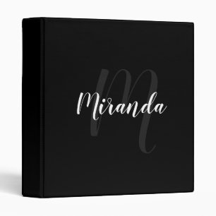 Black Modern Script Monogram and Name 3 Ring Binder