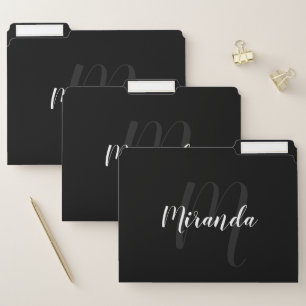 Black Modern Script Monogram and Name File Folder