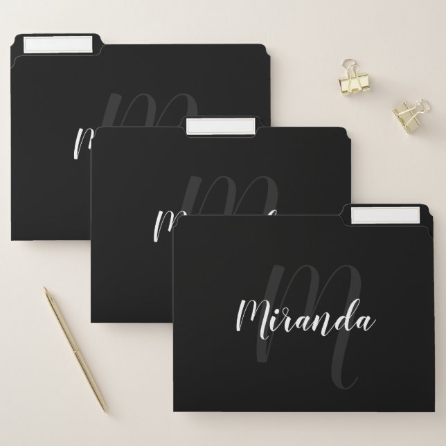Black Modern Script Monogram and Name File Folder (Set)