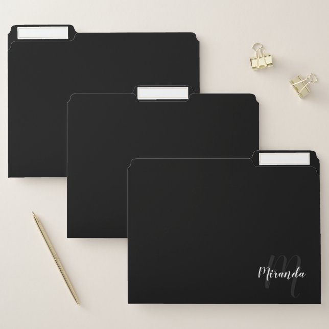 Black Modern Script Monogram and Name File Folder (Set)