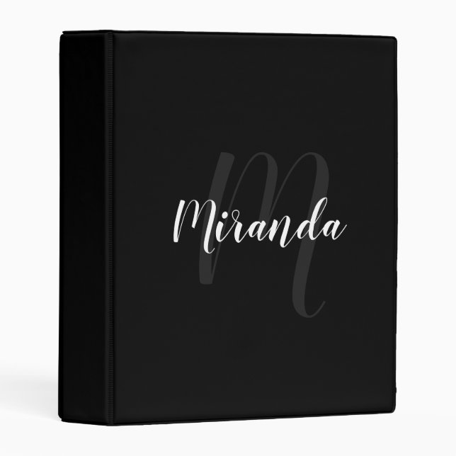 Black Modern Script Monogram and Name Mini Binder (Front/Spine)