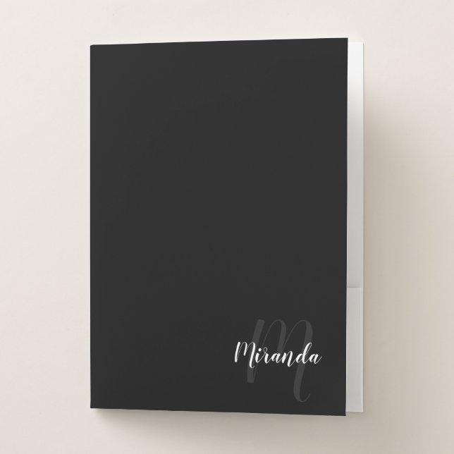 Black Modern Script Monogram and Name Pocket Folder (Front)