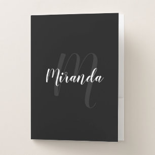 Black Modern Script Monogram and Name Pocket Folder