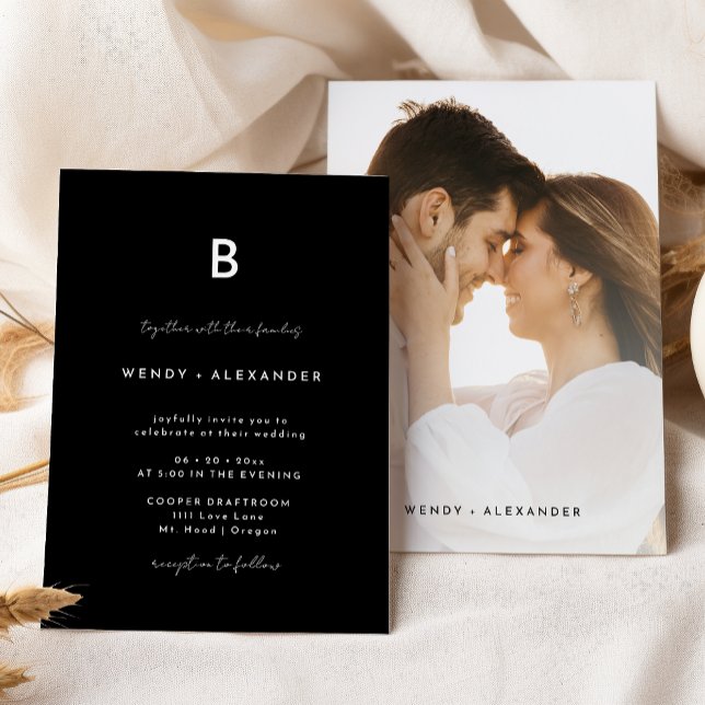 Black Modern Script Monogram Wedding Photo Invitation (Creator Uploaded)