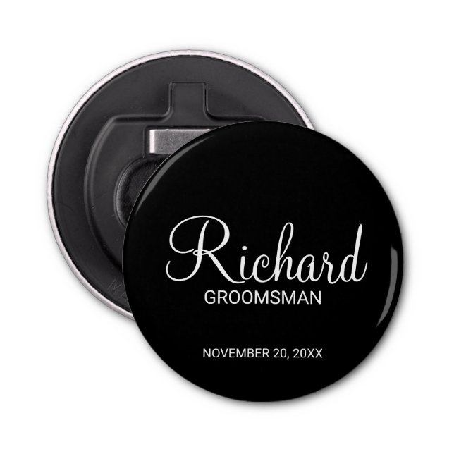Black Modern Script Personalized Groomsman Bottle Opener (Front)