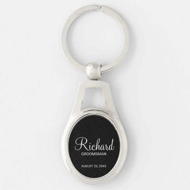 Black Modern Script Personalized Groomsman Keychain (Front)