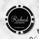 Black Modern Script Personalized Groomsman Poker Chips<br><div class="desc">Personalized Groomsman Gifts
featuring personalized groomsman's name in white modern script font style with title and wedding date in modern sans serif font style on black background.

Also perfect for best man,  father of the bride and more.</div>