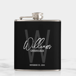Black Modern Script Personalized Groomsman's Name Flask