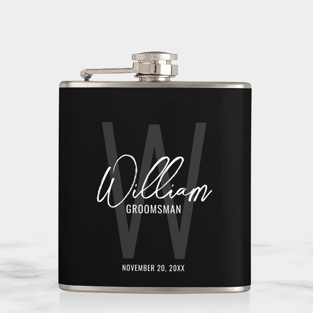 Black Modern Script Personalized Groomsman's Name Flask (Creator Uploaded)