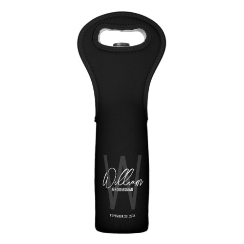 Black Modern Script Personalized Groomsmans Name  Wine Bag