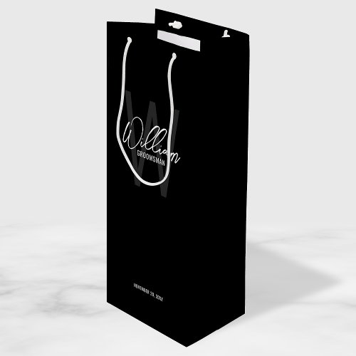 Black Modern Script Personalized Groomsmans Name  Wine Gift Bag