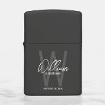 Black Modern Script Personalized Groomsman's Name Zippo Lighter<br><div class="desc">Modern Minimalist Personalized Monogram and Name Gifts This design features personalized groomsman's name in white modern handwriting script font style and monogram in grey modern sans serif font style as background, with wedding details in white modern sans serif font style, on black background. Also perfect for best man and more....</div>