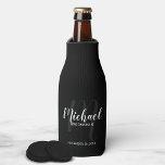 Black Modern Script Personalized Groomsmen Bottle Cooler<br><div class="desc">Add a personal touch to your wedding with personalized groomsmen bottle cooler. This bottle cooler features personalized groomsmen's name in white modern script font style and monogram in light grey modern script font style as background with title and wedding date in white modern sans serif font style on black background....</div>