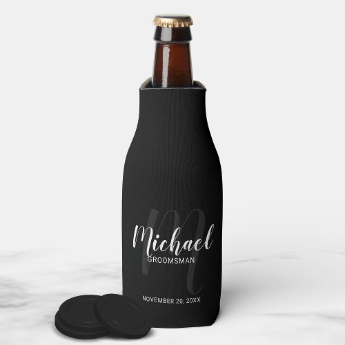 Black Modern Script Personalized Groomsmen Bottle Cooler