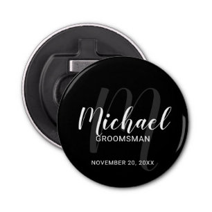 Black Modern Script Personalized Groomsmen Bottle Opener