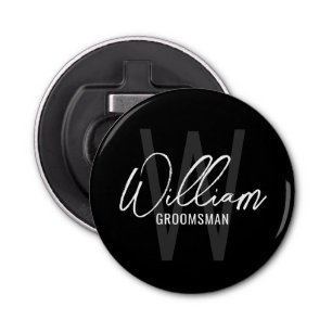 Black Modern Script Personalized Groomsmen Bottle Opener